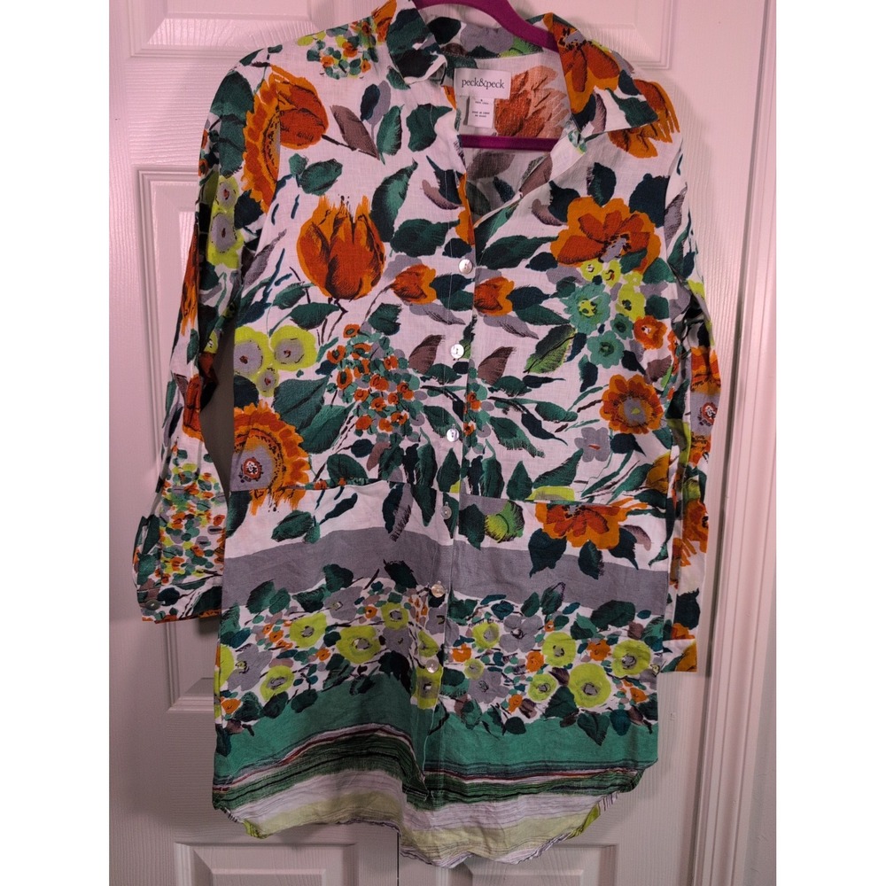 Peck & Peck 100% Linen Button Shirt Dress Watercolor Floral Size Small